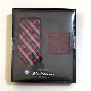 BEN SHERMAN Burgundy Navy Plaid Paisley Tie & Pocket Square Boxed Set